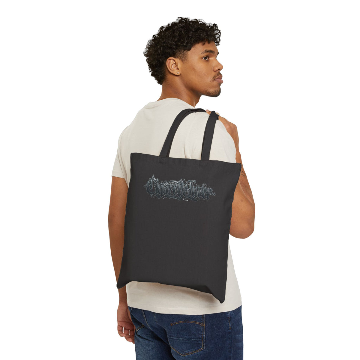 Gothic Script Tote Bag — 'Conscience' Black Calligraphy Canvas Tote
