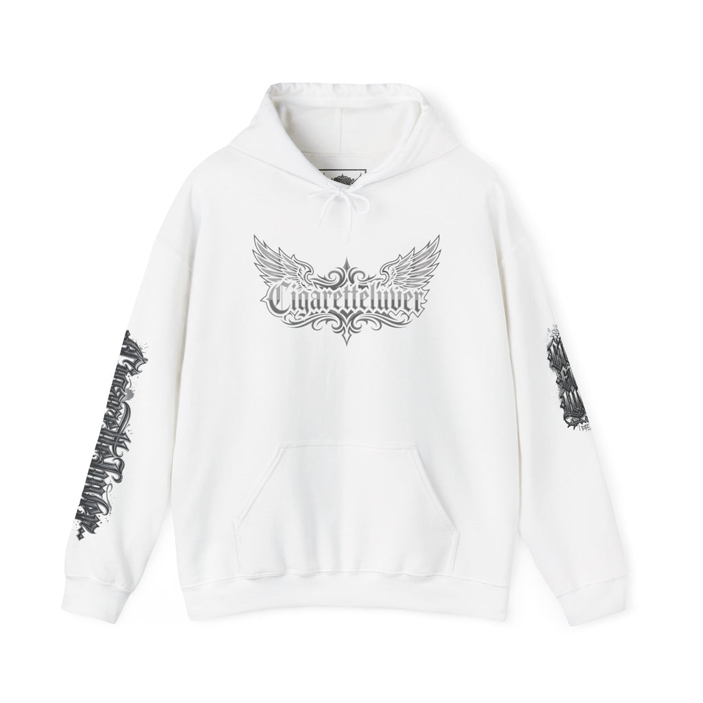 Cigarette Lover Graphic Hoodie — Gothic Script Winged Logo Sweatshirt