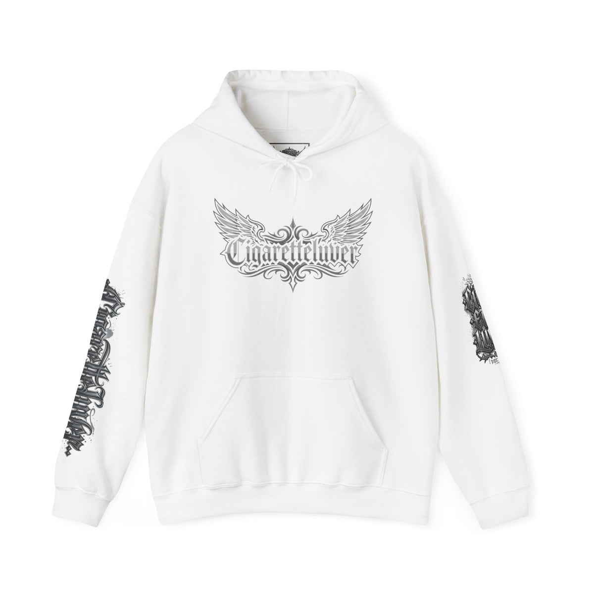 Cigarette Lover Graphic Hoodie — Gothic Script Winged Logo Sweatshirt