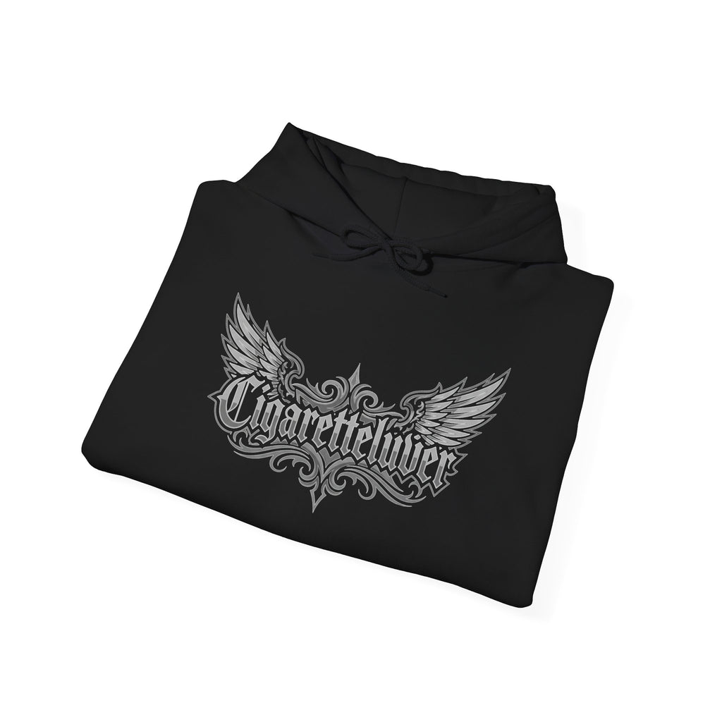 Cigarette Lover Graphic Hoodie — Gothic Script Winged Logo Sweatshirt