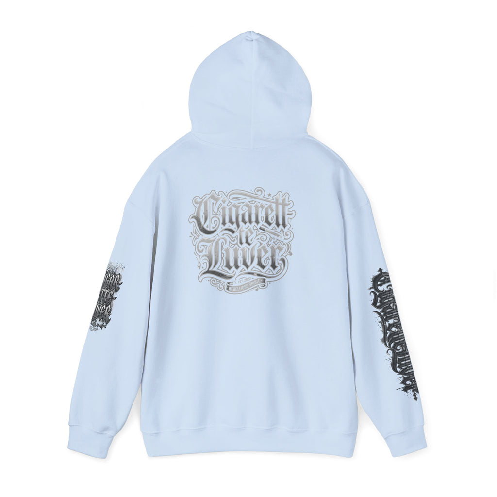 Cigarette Lover Graphic Hoodie — Gothic Script Winged Logo Sweatshirt