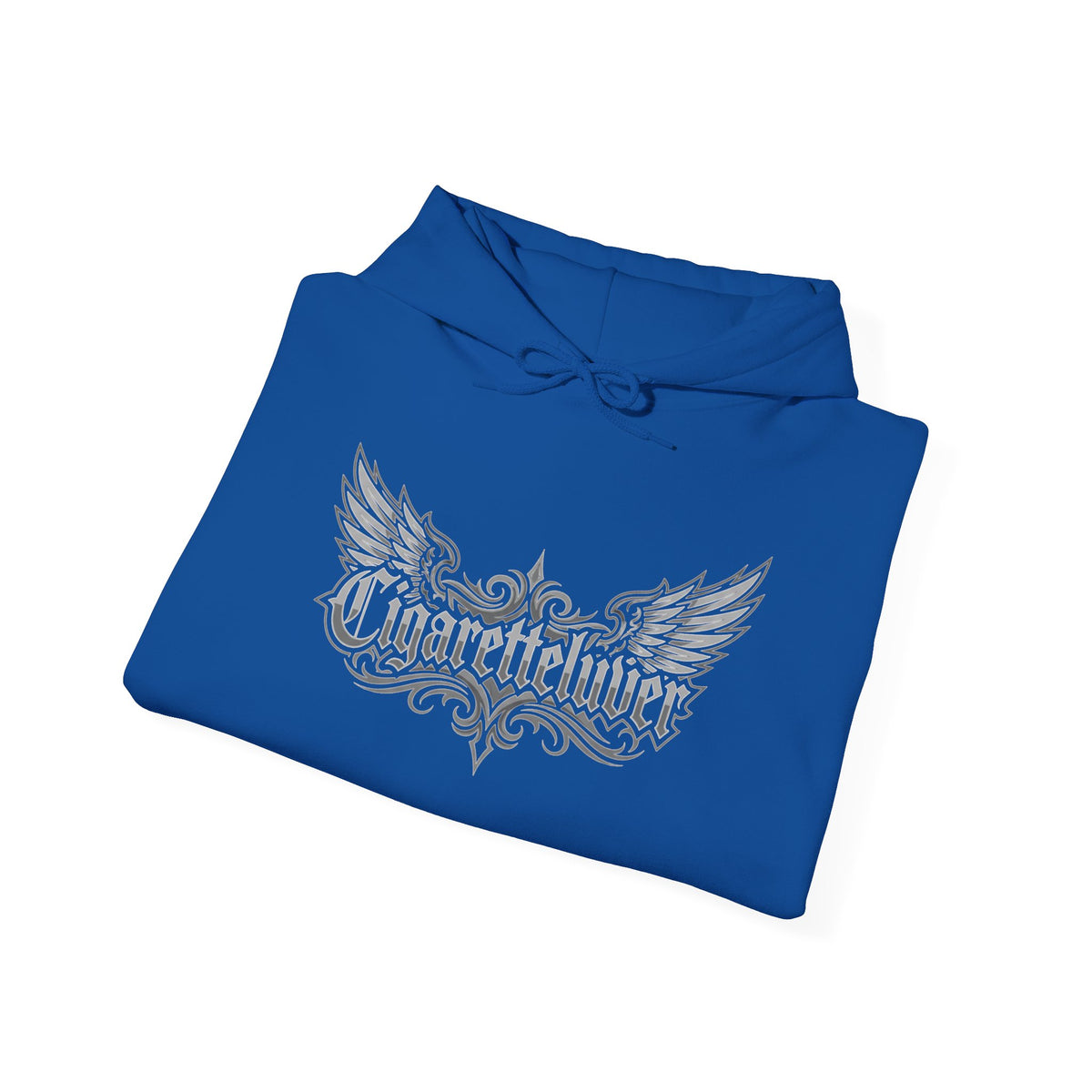 Cigarette Lover Graphic Hoodie — Gothic Script Winged Logo Sweatshirt