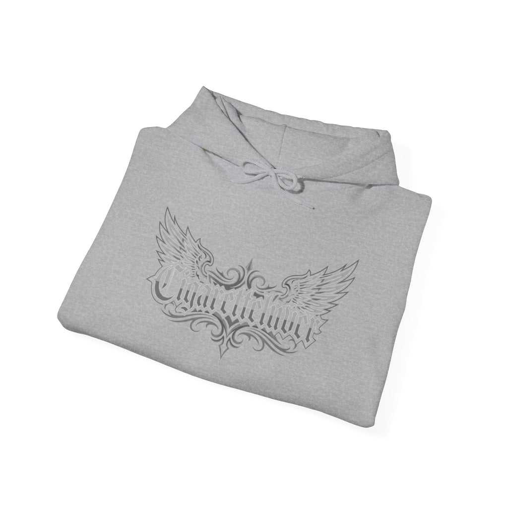 Cigarette Lover Graphic Hoodie — Gothic Script Winged Logo Sweatshirt