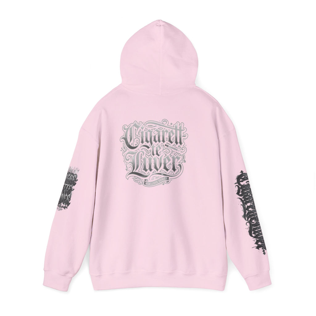 Cigarette Lover Graphic Hoodie — Gothic Script Winged Logo Sweatshirt
