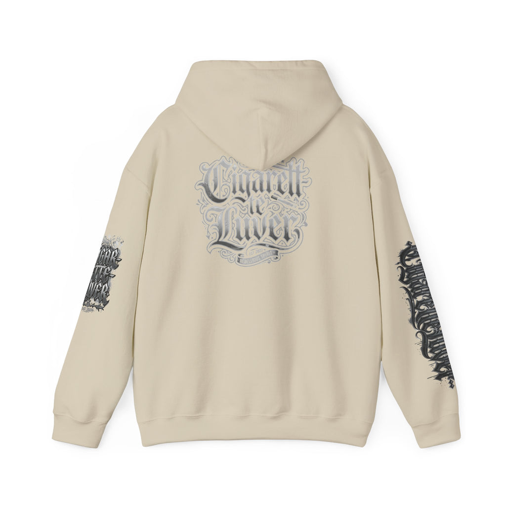 Cigarette Lover Graphic Hoodie — Gothic Script Winged Logo Sweatshirt