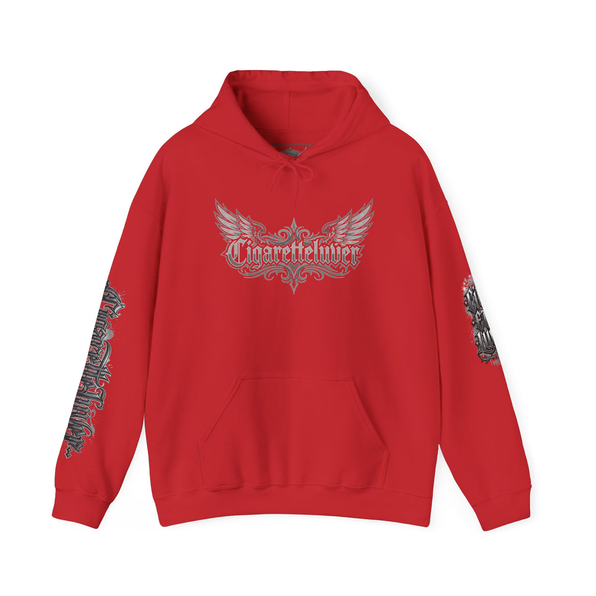 Cigarette Lover Graphic Hoodie — Gothic Script Winged Logo Sweatshirt