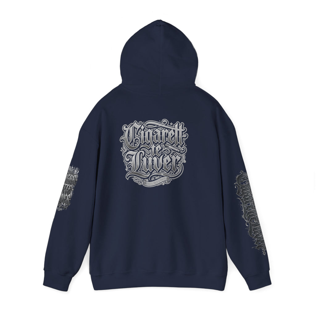 Cigarette Lover Graphic Hoodie — Gothic Script Winged Logo Sweatshirt