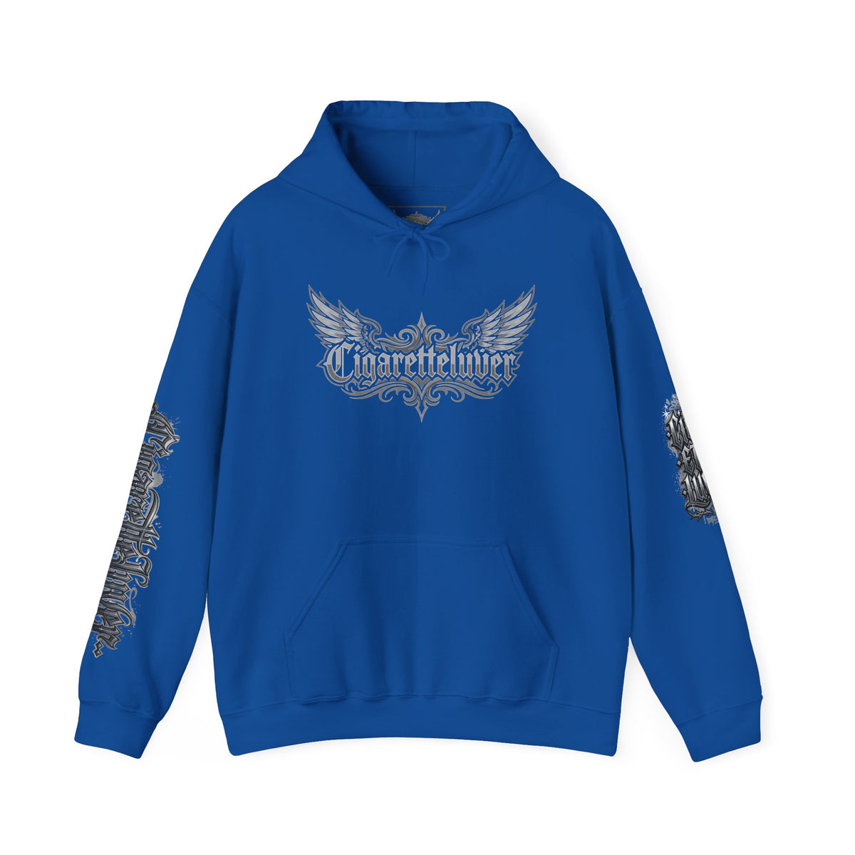 Cigarette Lover Graphic Hoodie — Gothic Script Winged Logo Sweatshirt