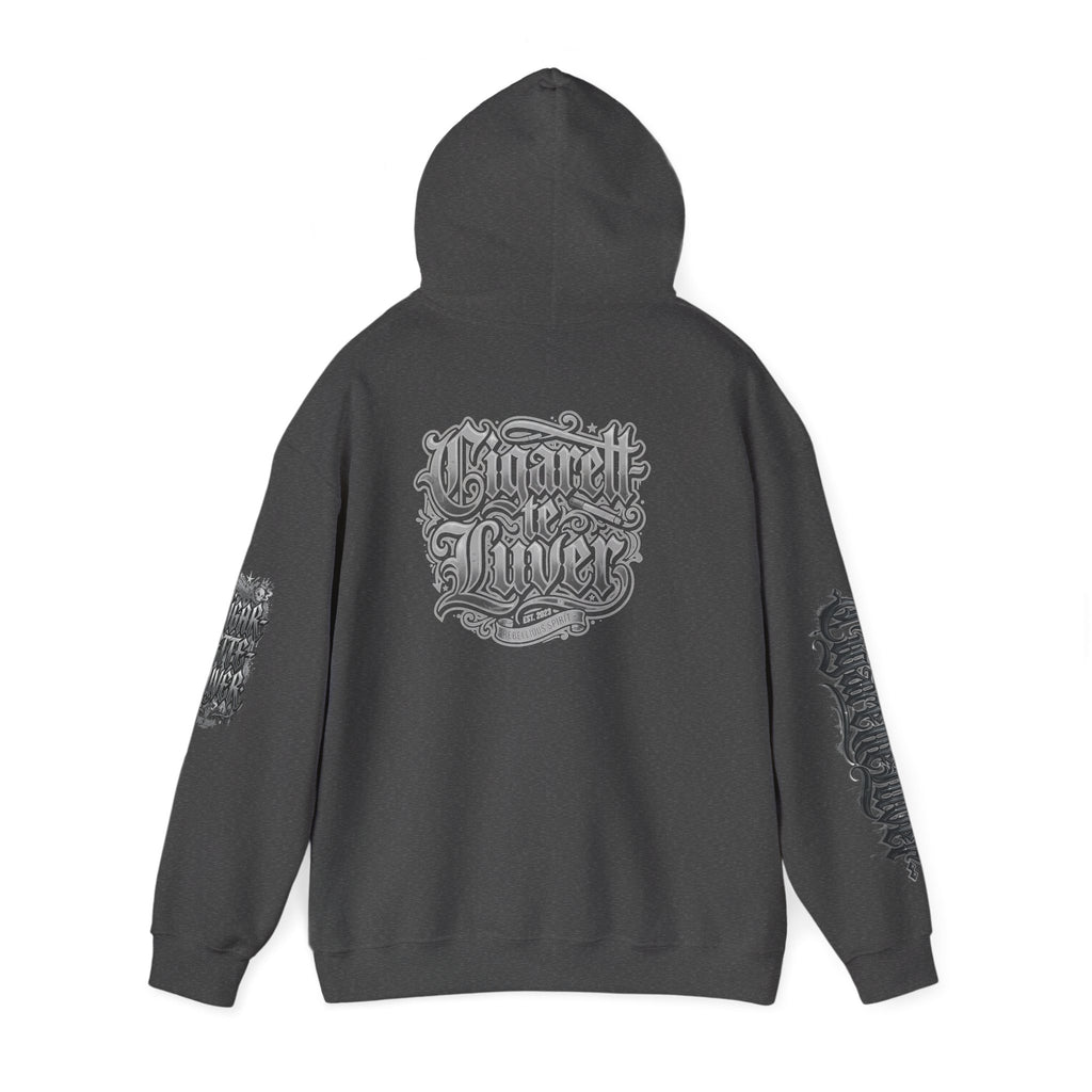 Cigarette Lover Graphic Hoodie — Gothic Script Winged Logo Sweatshirt