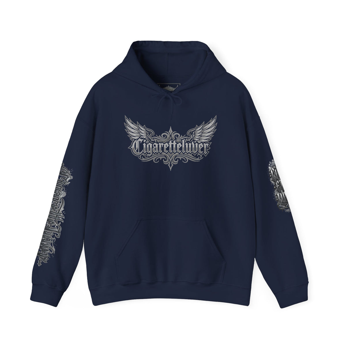 Cigarette Lover Graphic Hoodie — Gothic Script Winged Logo Sweatshirt