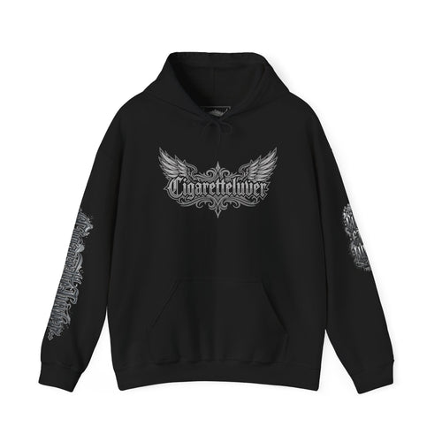 Cigarette Lover Graphic Hoodie — Gothic Script Winged Logo Sweatshirt