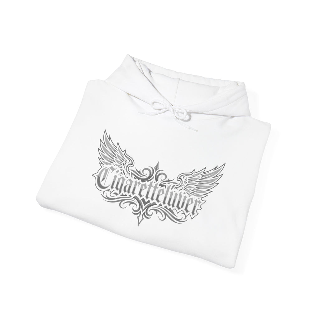 Cigarette Lover Graphic Hoodie — Gothic Script Winged Logo Sweatshirt