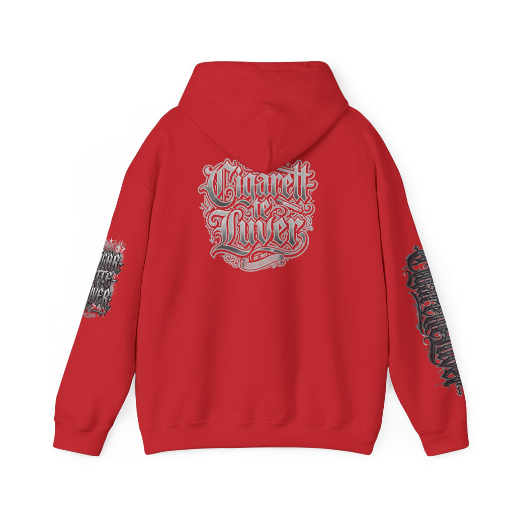 Cigarette Lover Graphic Hoodie — Gothic Script Winged Logo Sweatshirt