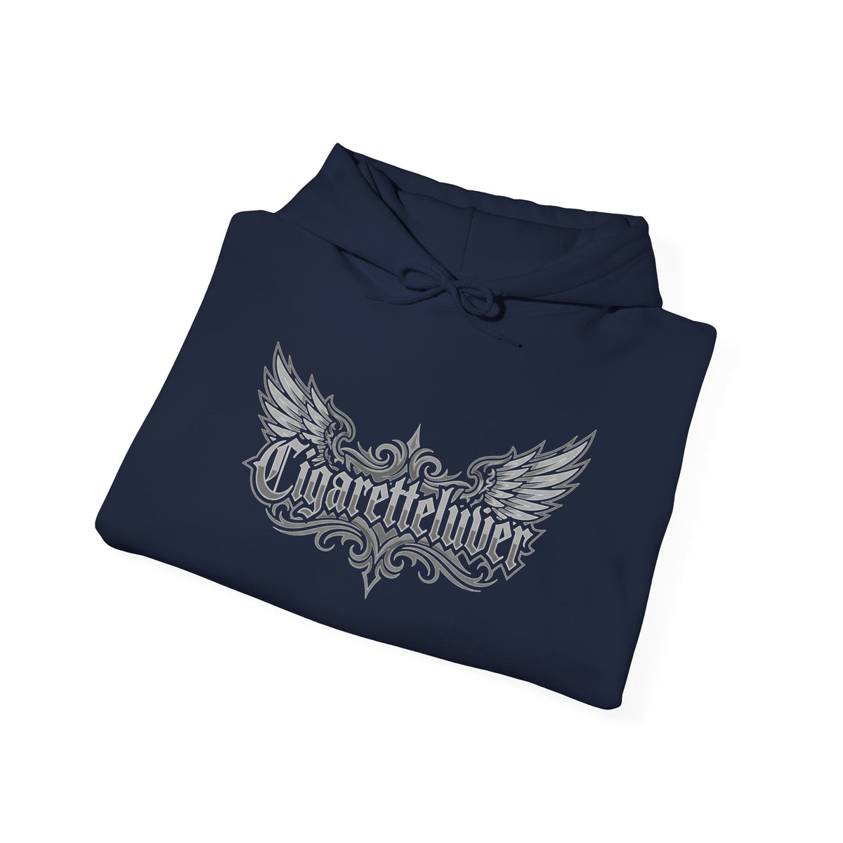 Cigarette Lover Graphic Hoodie — Gothic Script Winged Logo Sweatshirt
