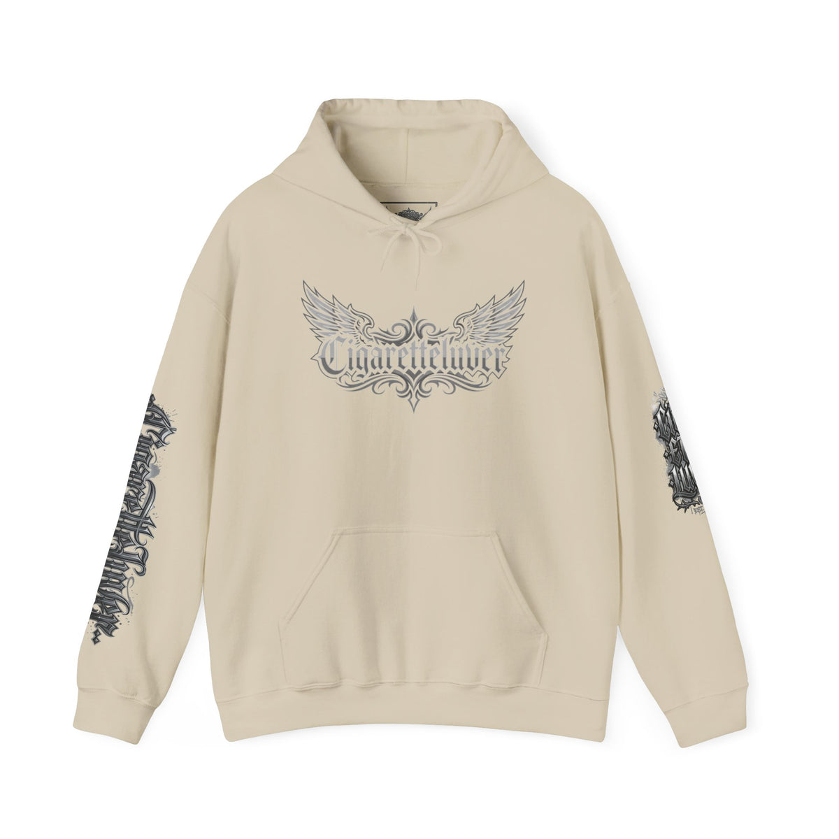 Cigarette Lover Graphic Hoodie — Gothic Script Winged Logo Sweatshirt