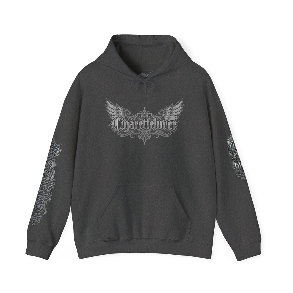 Cigarette Lover Graphic Hoodie — Gothic Script Winged Logo Sweatshirt