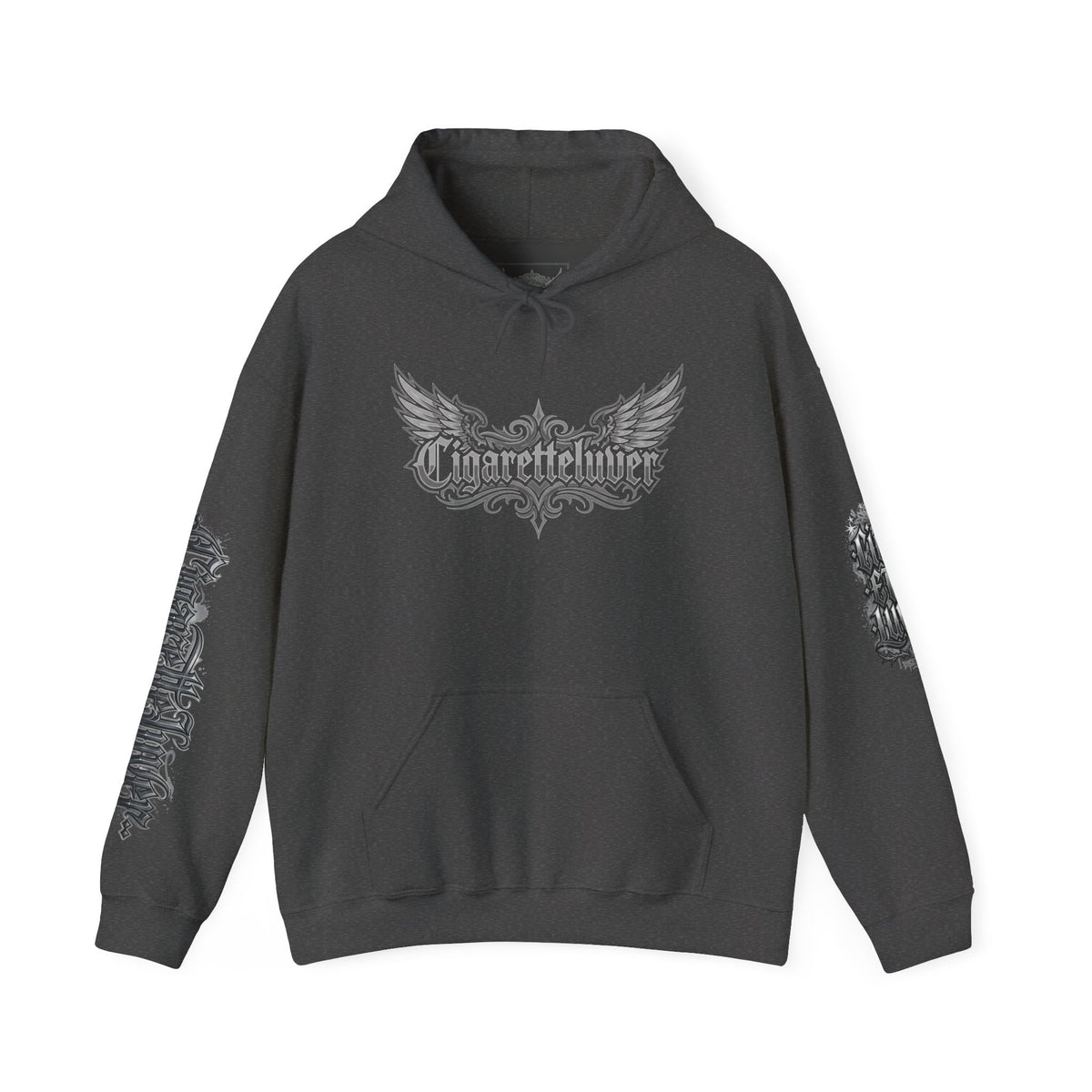 Cigarette Lover Graphic Hoodie — Gothic Script Winged Logo Sweatshirt