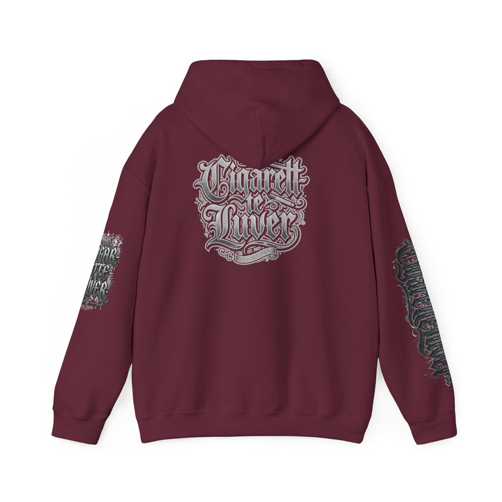 Cigarette Lover Graphic Hoodie — Gothic Script Winged Logo Sweatshirt