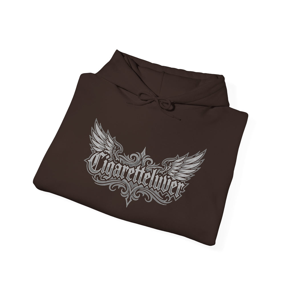 Cigarette Lover Graphic Hoodie — Gothic Script Winged Logo Sweatshirt