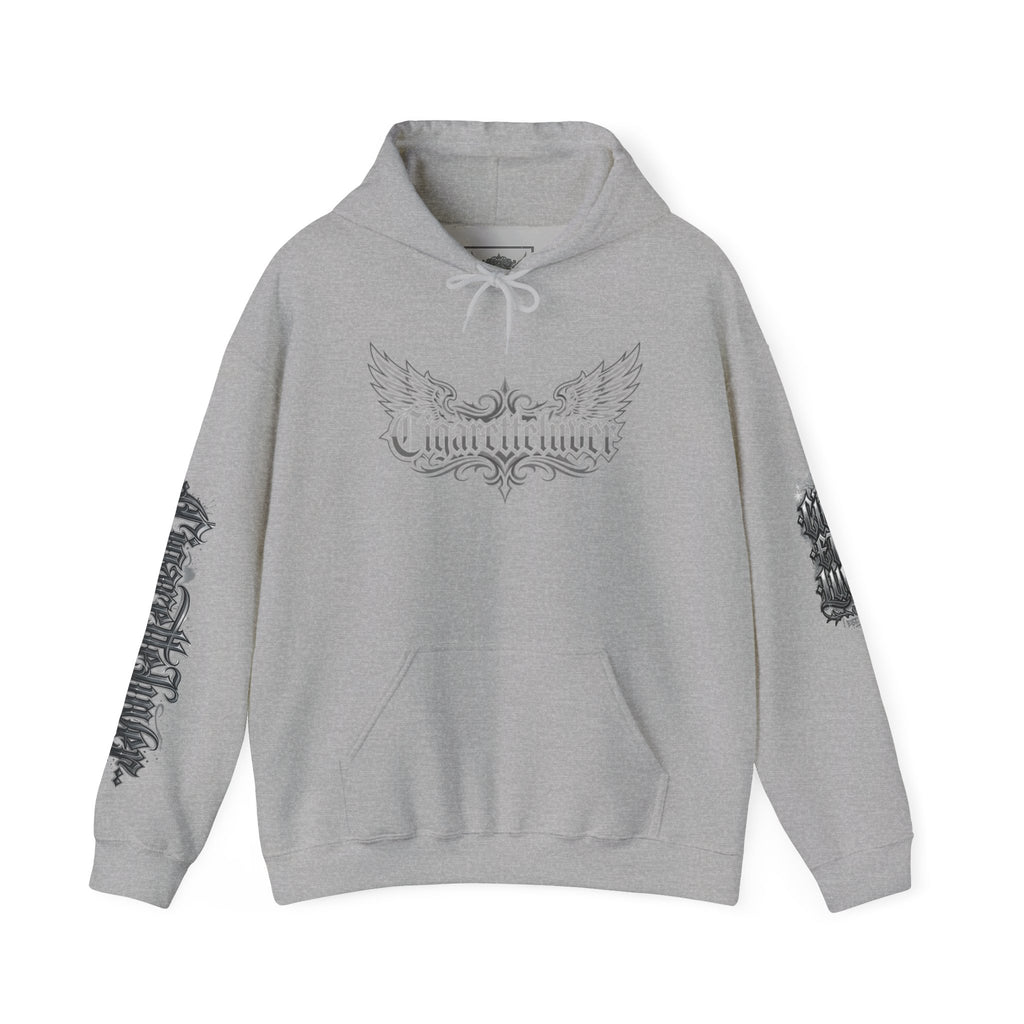 Cigarette Lover Graphic Hoodie — Gothic Script Winged Logo Sweatshirt