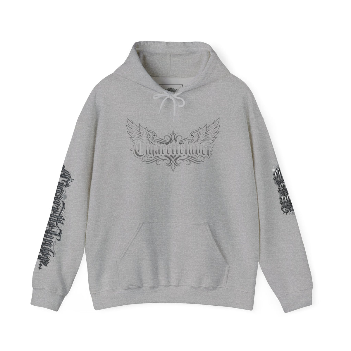 Cigarette Lover Graphic Hoodie — Gothic Script Winged Logo Sweatshirt