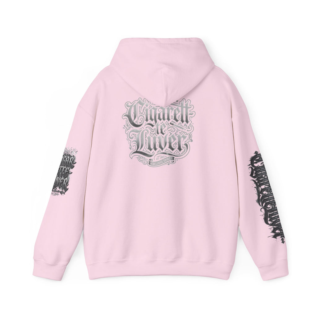 Cigarette Lover Graphic Hoodie — Gothic Script Winged Logo Sweatshirt