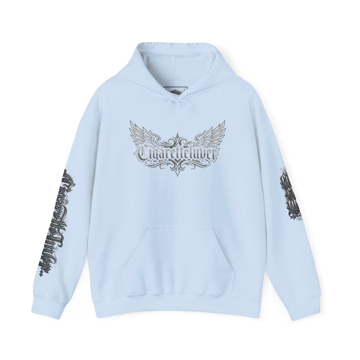 Cigarette Lover Graphic Hoodie — Gothic Script Winged Logo Sweatshirt