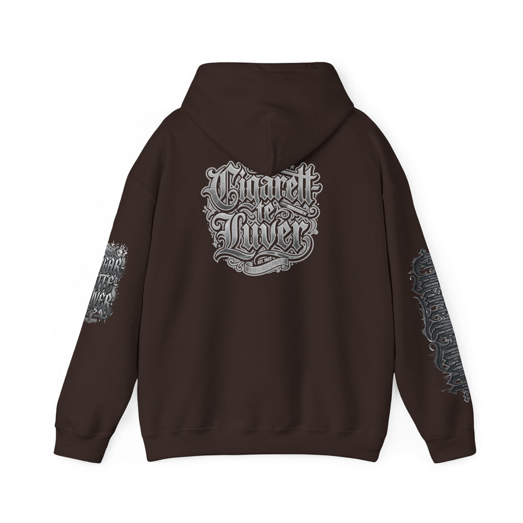 Cigarette Lover Graphic Hoodie — Gothic Script Winged Logo Sweatshirt
