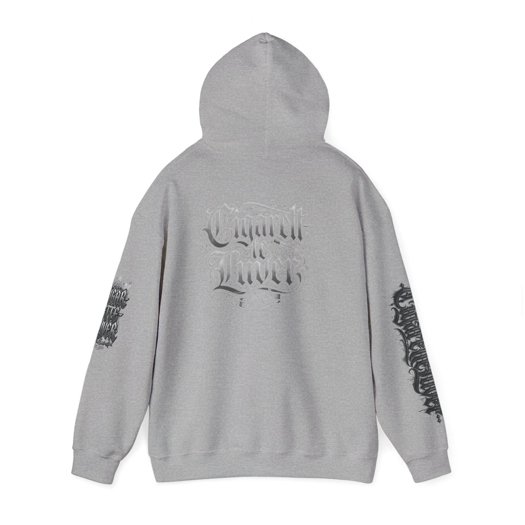Cigarette Lover Graphic Hoodie — Gothic Script Winged Logo Sweatshirt