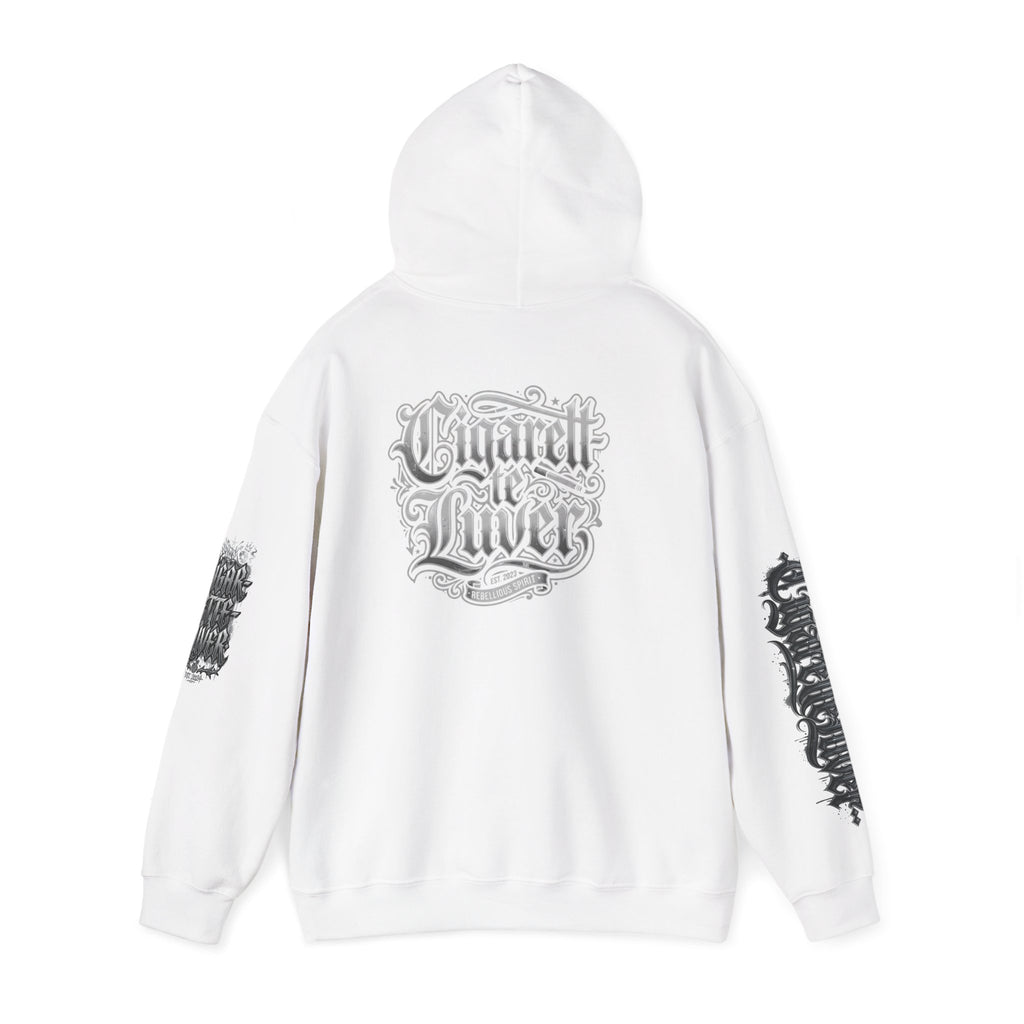Cigarette Lover Graphic Hoodie — Gothic Script Winged Logo Sweatshirt