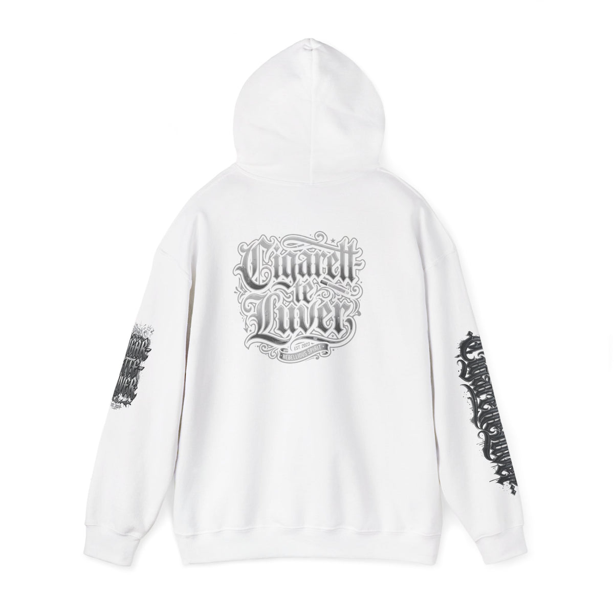 Cigarette Lover Graphic Hoodie — Gothic Script Winged Logo Sweatshirt