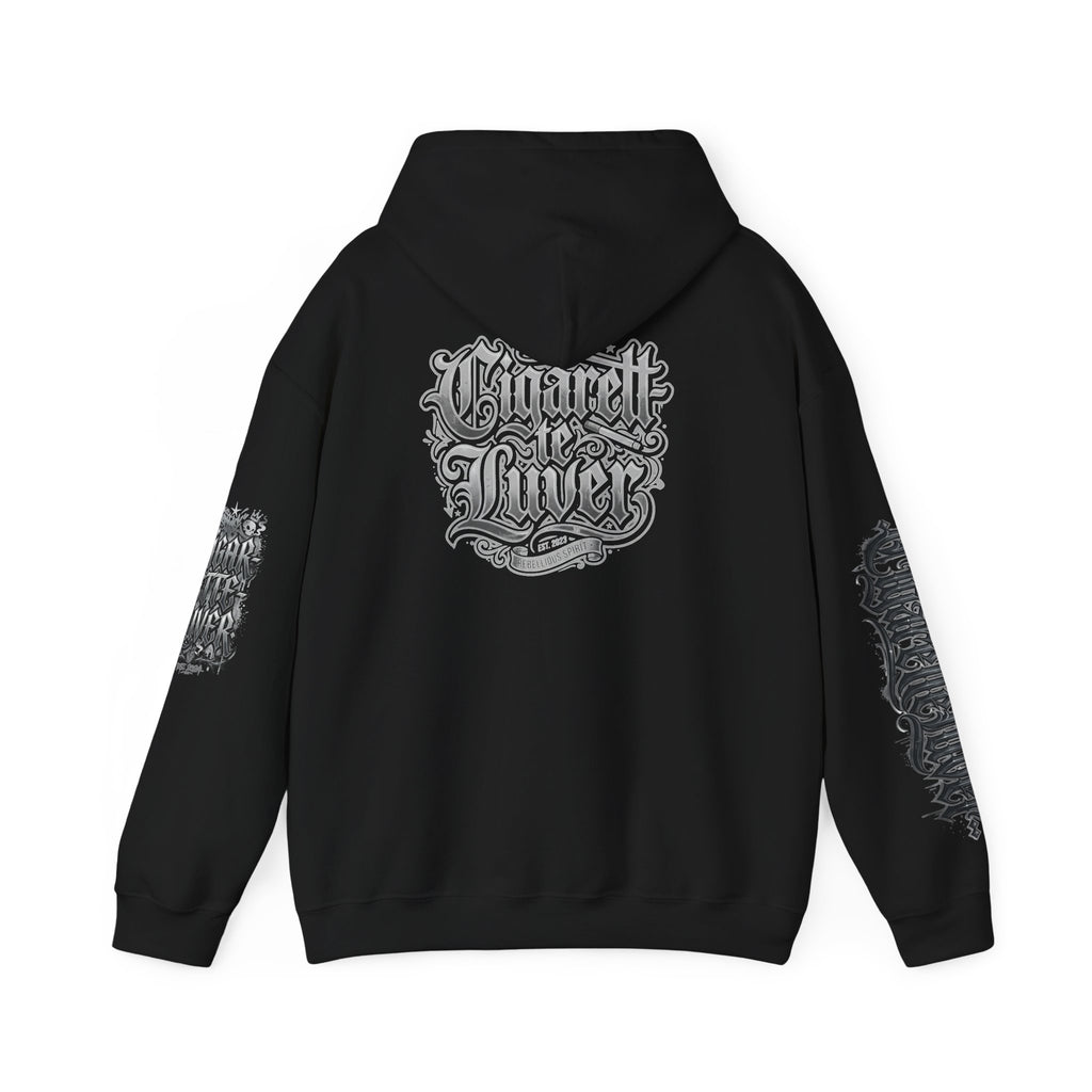Cigarette Lover Graphic Hoodie — Gothic Script Winged Logo Sweatshirt