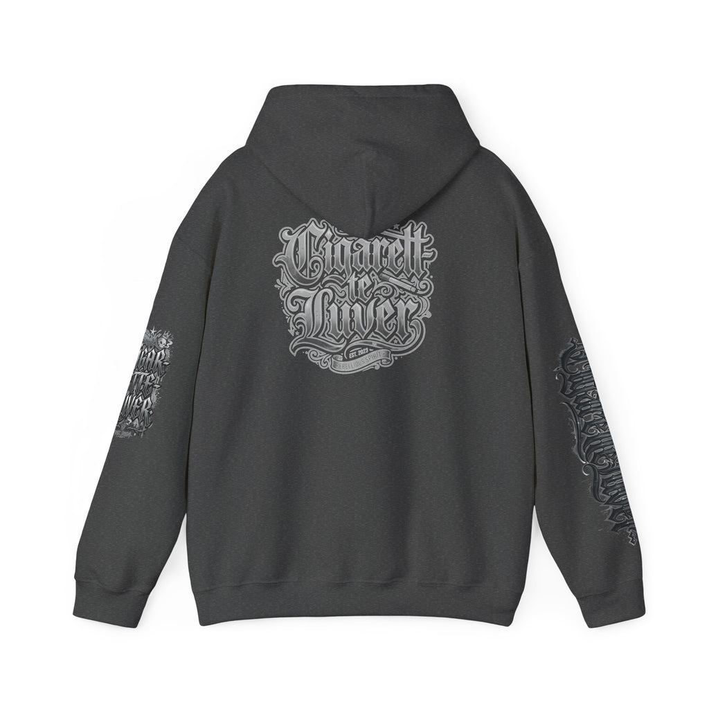 Cigarette Lover Graphic Hoodie — Gothic Script Winged Logo Sweatshirt