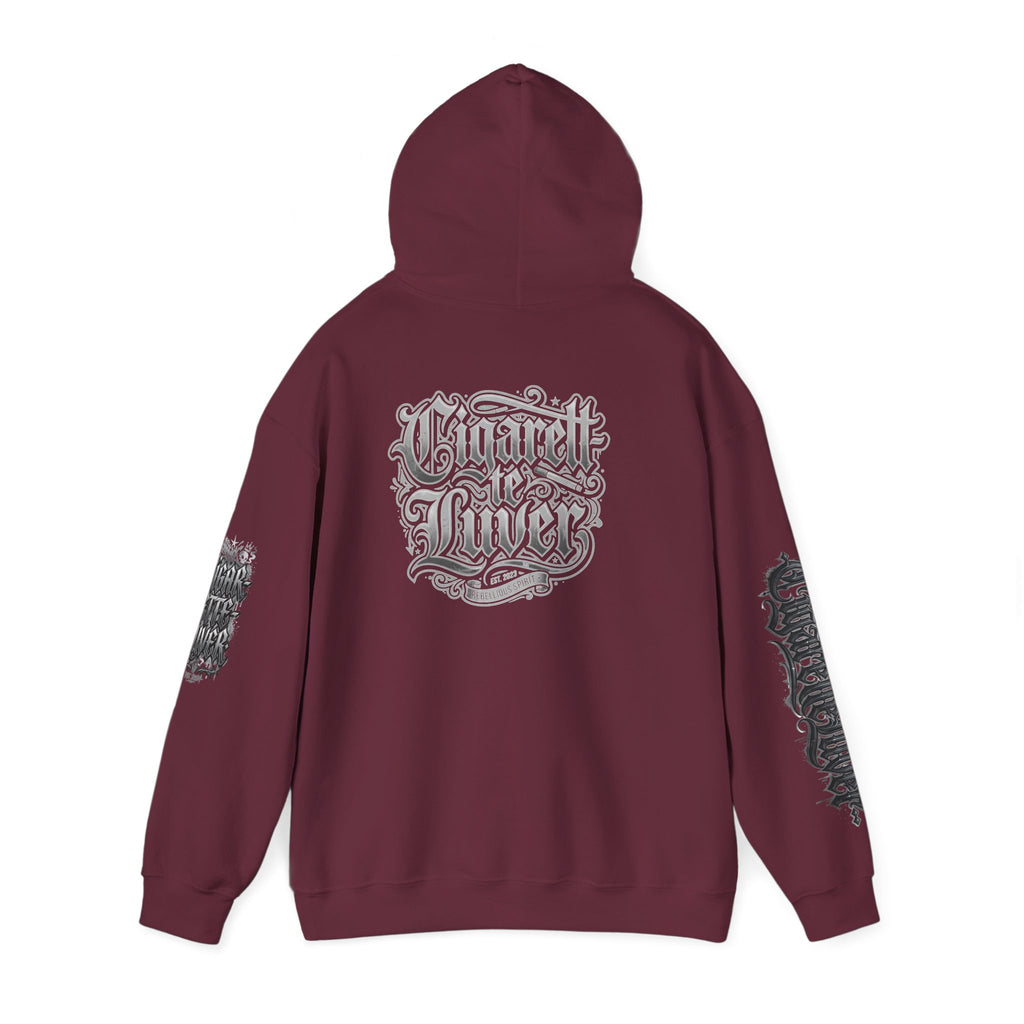 Cigarette Lover Graphic Hoodie — Gothic Script Winged Logo Sweatshirt