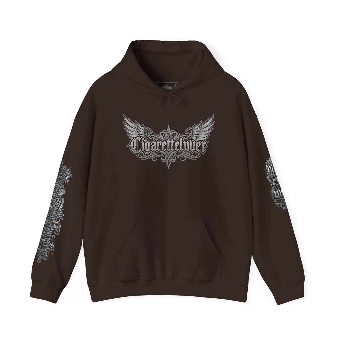 Cigarette Lover Graphic Hoodie — Gothic Script Winged Logo Sweatshirt