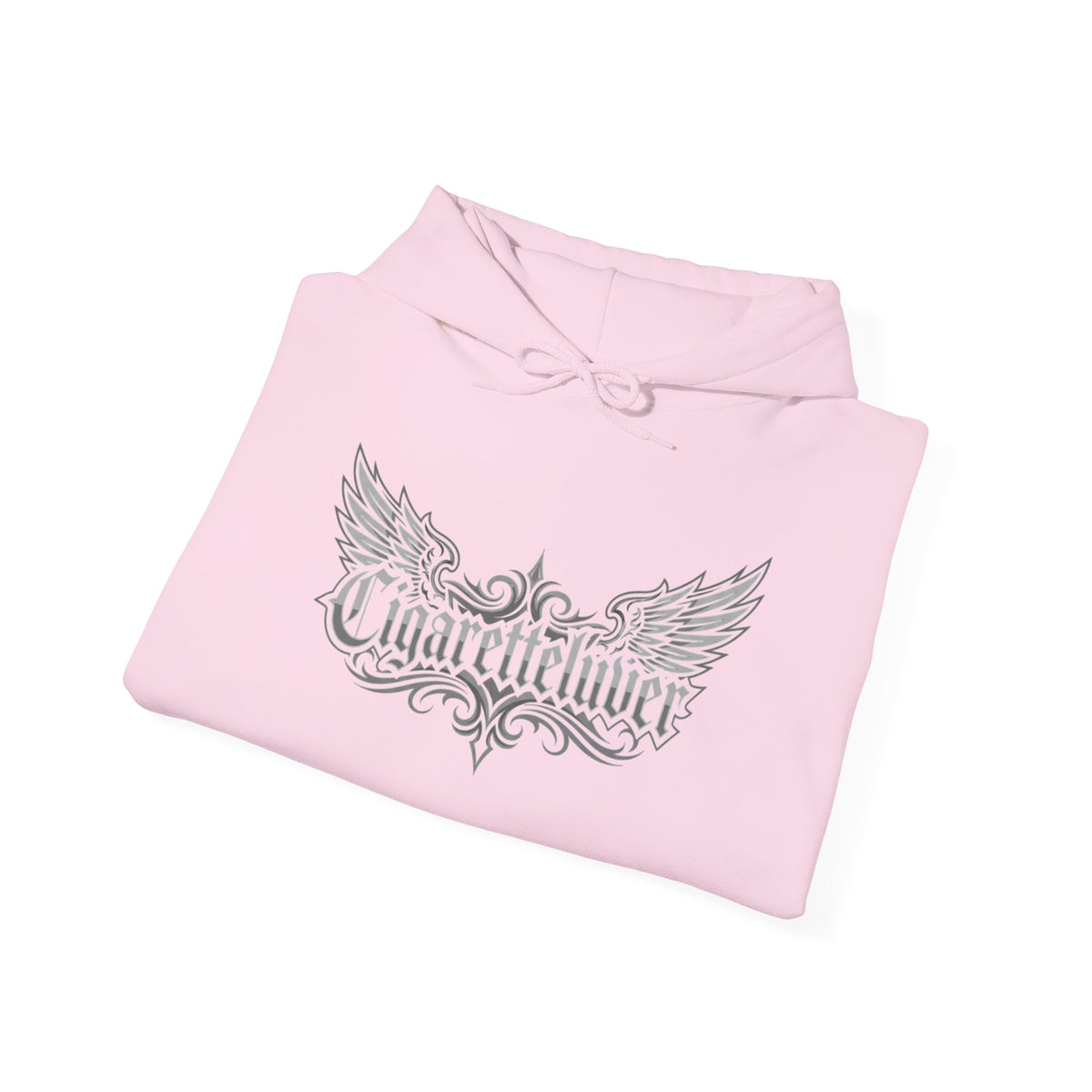 Cigarette Lover Graphic Hoodie — Gothic Script Winged Logo Sweatshirt
