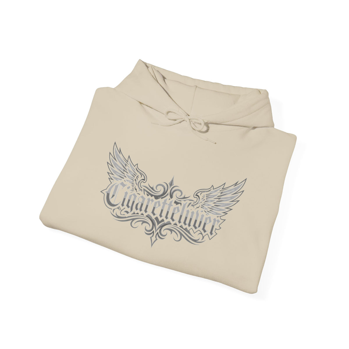 Cigarette Lover Graphic Hoodie — Gothic Script Winged Logo Sweatshirt