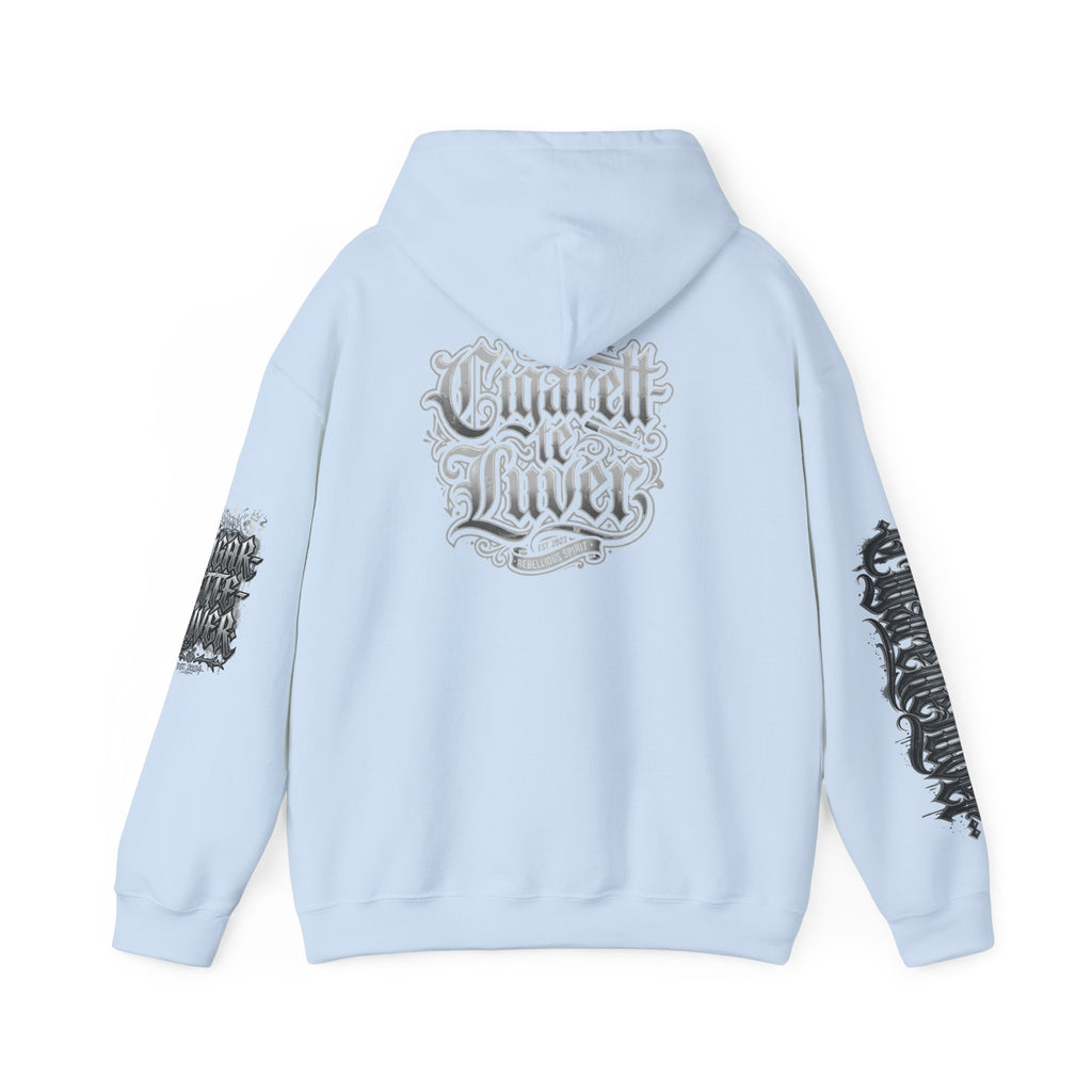 Cigarette Lover Graphic Hoodie — Gothic Script Winged Logo Sweatshirt