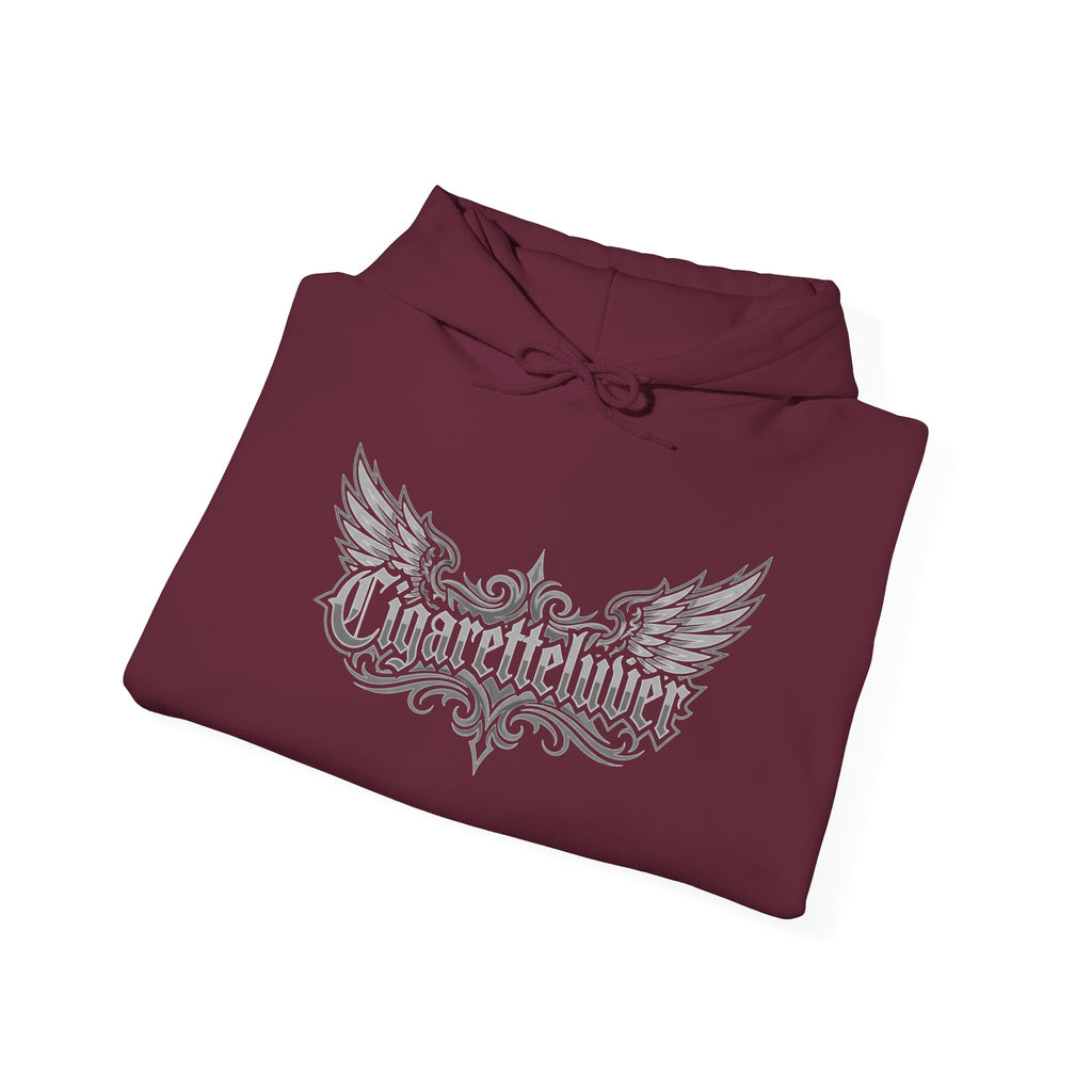 Cigarette Lover Graphic Hoodie — Gothic Script Winged Logo Sweatshirt
