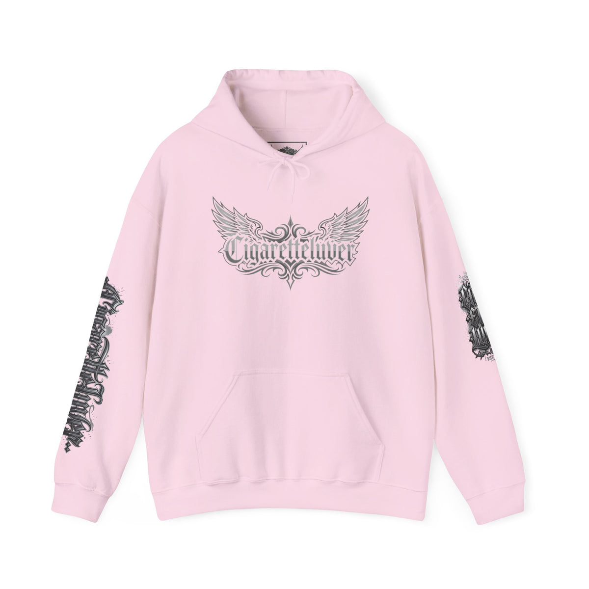 Cigarette Lover Graphic Hoodie — Gothic Script Winged Logo Sweatshirt