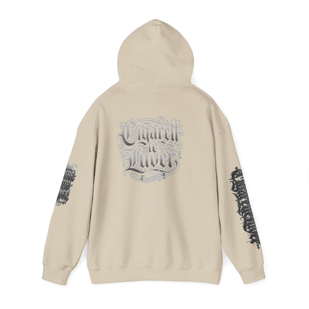 Cigarette Lover Graphic Hoodie — Gothic Script Winged Logo Sweatshirt