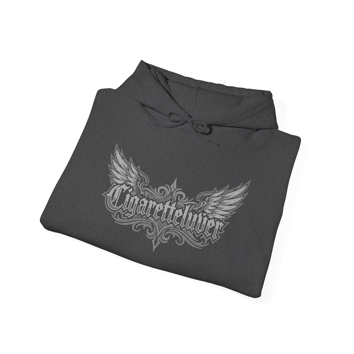 Cigarette Lover Graphic Hoodie — Gothic Script Winged Logo Sweatshirt