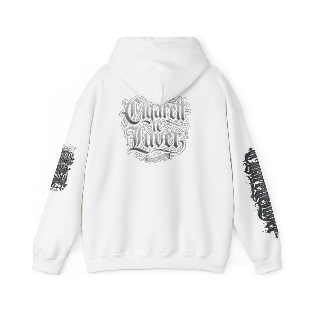 Cigarette Lover Graphic Hoodie — Gothic Script Winged Logo Sweatshirt