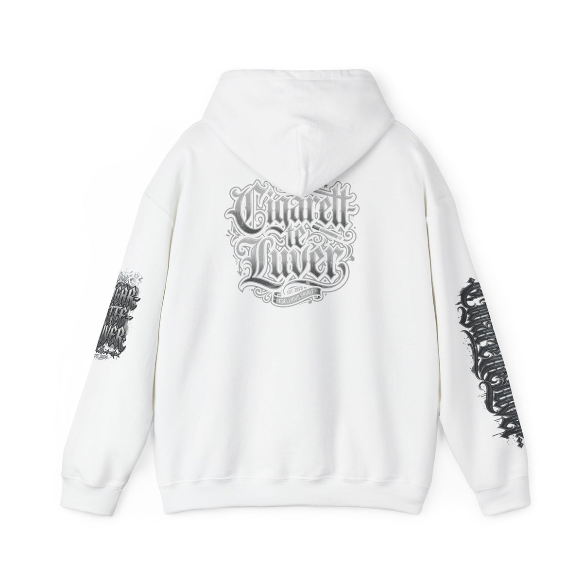Cigarette Lover Graphic Hoodie — Gothic Script Winged Logo Sweatshirt