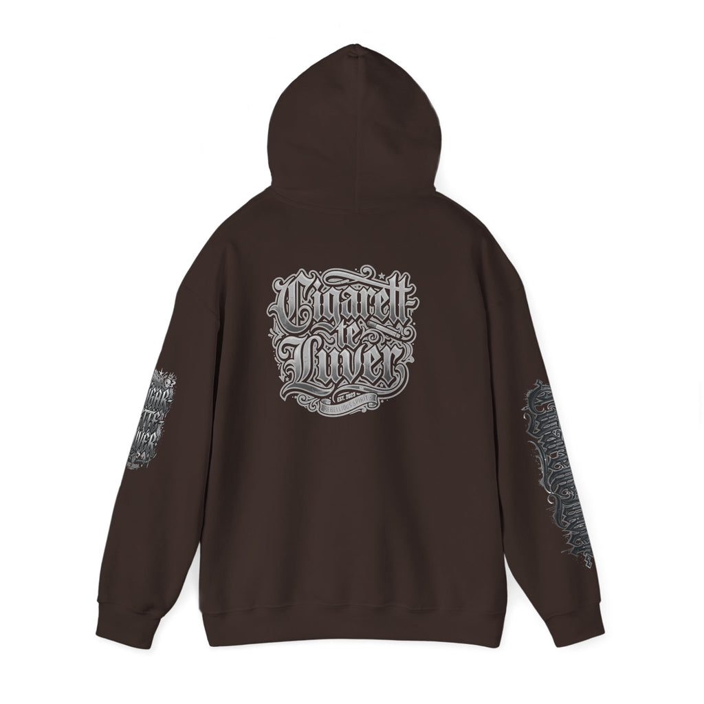 Cigarette Lover Graphic Hoodie — Gothic Script Winged Logo Sweatshirt