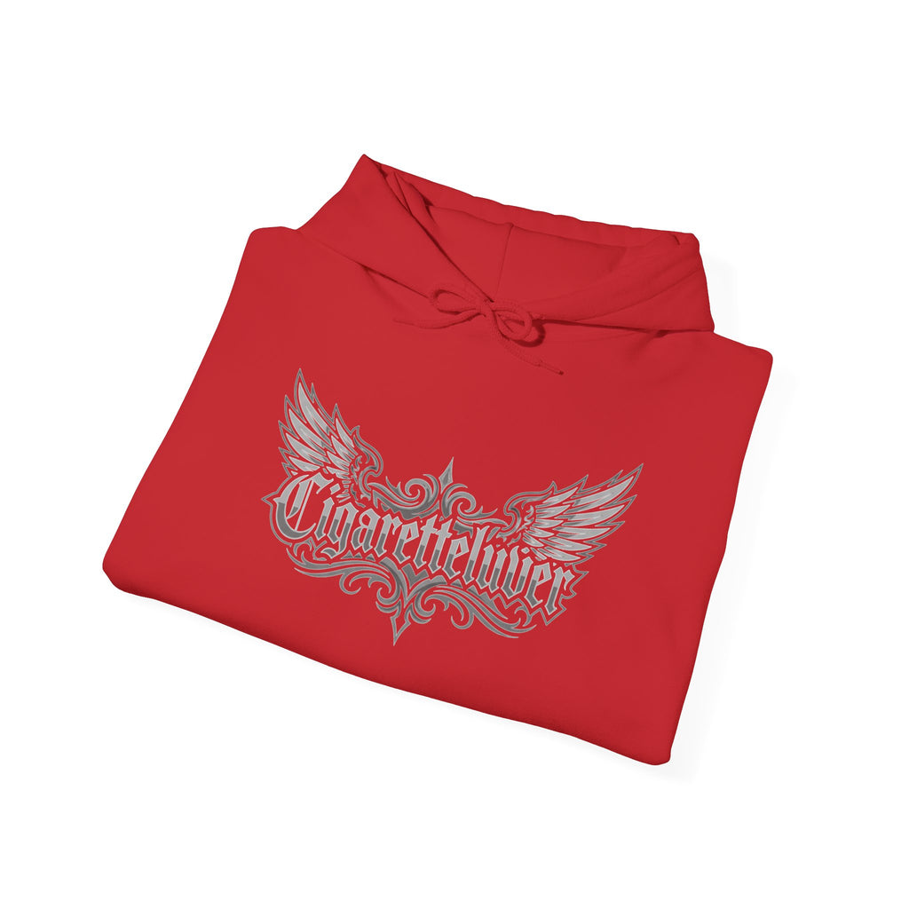 Cigarette Lover Graphic Hoodie — Gothic Script Winged Logo Sweatshirt